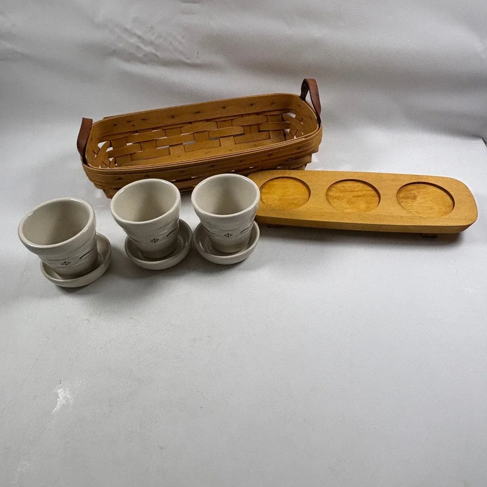 Vintage Longaberger Flower Pot Basket Set 3 Pots Wood Stand Riser Herb Planters